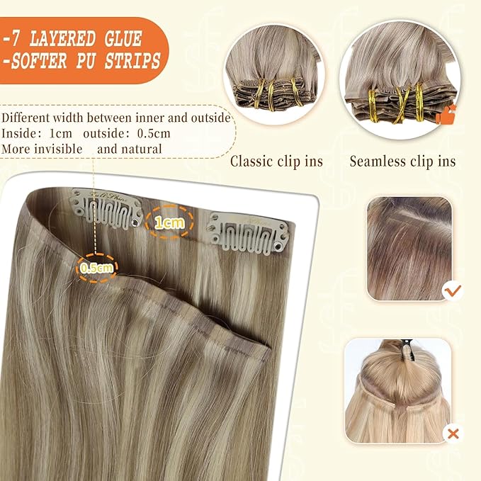 Full Shine Clip in Hair Extensions Human Hair Dark Blonde Mix Light Blonde Seamless Hair Extension Clip ins PU Weft for Women 20 Inch 8 PCS 120 Grams