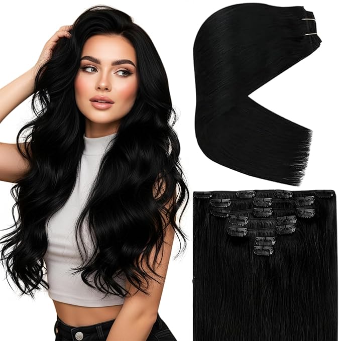 Ve Sunny Black Clip in Human Hair Extensions Remy Human Hair Clip in Extensions 14inch Clip in Hair Extensions Real Human Hair Easy to Wear 100g