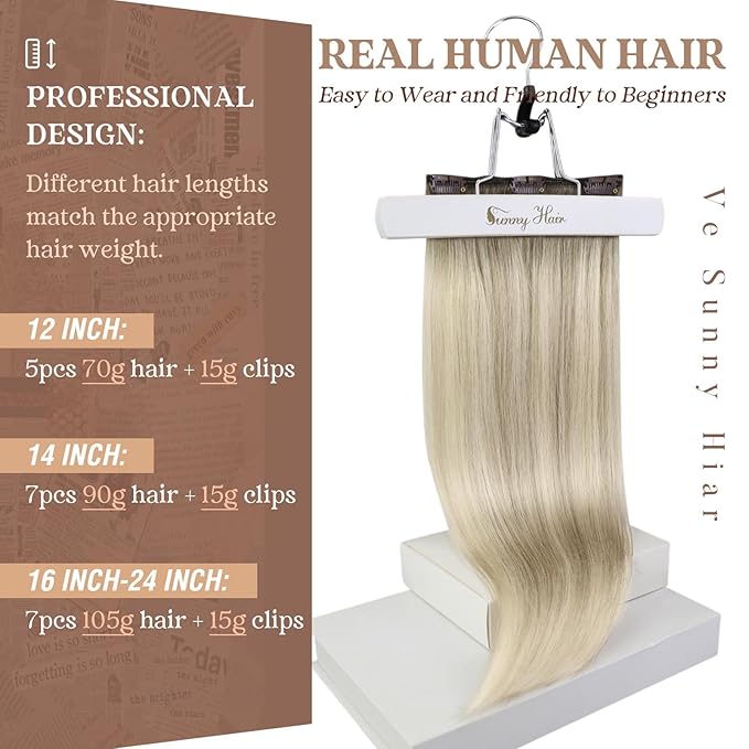 Ve Sunny Clip in Hair Extensions Straight Human Hair Clip in Extensions Remy Clip on Hair Extensions Real Human Hair Extensions Clip ins Ombre Ash Grey Balayage Platinum Blonde 20inch 120g