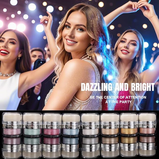 Glitter Body Highlighter Powder Body Shimmer Sparkle Face Brightening Highlighter Powder for Face Eyes Body Glow Makeup With sponge head（02#）