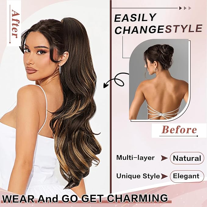 Ponytail Extension, Drawstring Ponytail Extension for Women 26 Inch Long Wavy Highlight Pony Tails Hair Extensions Synthetic Clip in Ponytail Hairpiece for Women Brown with Blonde Highlights