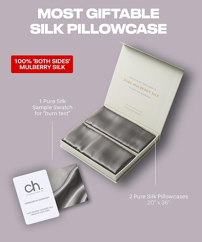 SUNDAYSILKS™ Silk Pillow Cases 2 PACK | 22 Momme Mulberry Silk Pillowcase Set of 2 | Standard Queen, King Size | All Sides 100% Pure Silk Slip Pillowcase Bliss for Women with Zipper [Charcoal Essence]