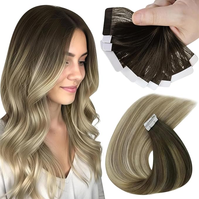 Sunny Tape in Hair Extensions Human Hair Dark Brown Balayage Blonde Hair Extensions Real Human Hair Tape ins 16 Inch Tape in Extensions 20Pcs 50g