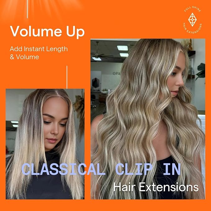 Full Shine Clip in Human Hair Extensions 20 Inch Seamless Clip in Extensions Straight Remy Hair Cool Ash Brown Ombre Highlight Blonde Hair Extensions Clip ins 7 Pcs 120 G