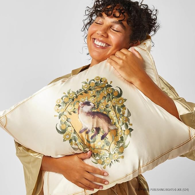 Kitsch x Harry Potter Hufflepuff Satin Pillowcase with Zipper – Double-Sided Crest Design – Better Than Silk Pillowcase – Perfect for Kids Rooms & Toddler Bed Time Pillow Case –Queen/Standard 19x26