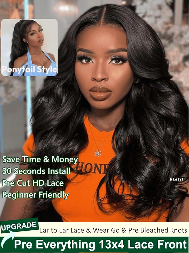 KLAIYI Wear And Go Glueless Wig Bye Bye Knots 13x4Precut Lace Front Wigs Human Hair Loose Body Wave Wig Pre Bleached Pre Everything Pre Plucked with Baby Hair 3S Ready to Wear Beginner Friendly 26Inch