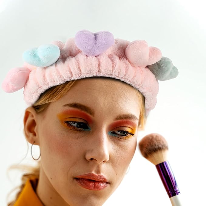 2pcs Heart Design Fuzzy Spa Hairbands for Women Elastic Stretch Makeup Head Wraps Skin-friendly Soft Comfortable Fit for Face Washing and Skincare Routine
