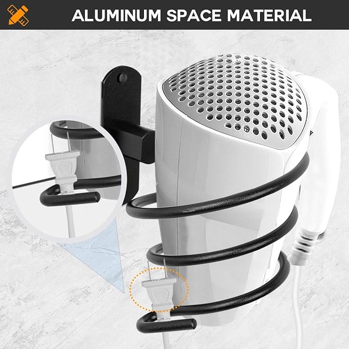 hicorfe Bathroom Hair Dryer Holder Hair Care Tools Holder Wall Mount (Black)