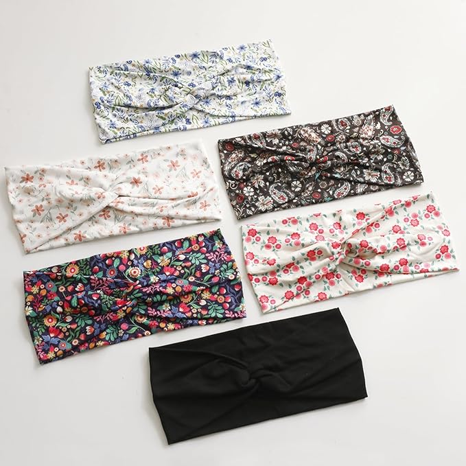 Artilady 6 Pack Boho Headbands for Women - Wide Bandana Headband Non Slip Stretchy Cheetah Flower Turban Headwarp Twisted for Girls