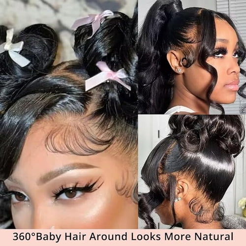 360 Lace Front Wigs Human Hair Body Wave 200% Density 26 Inch Upgraded Hidden Straps 360 HD Full Lace Wigs Human Hair With Drawstring Pre Plucked With Baby Hair for Women Natural Black