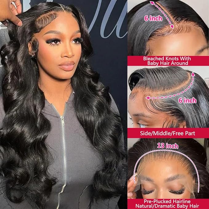 VIPbeauty 13x6 Full Lace Frontal Wigs Human Hair Pre-Bleached Knots 180 Density HD Transparent Body Wave Lace Front Wigs Glueless Pre Plucked with Baby Hair 22 Inch