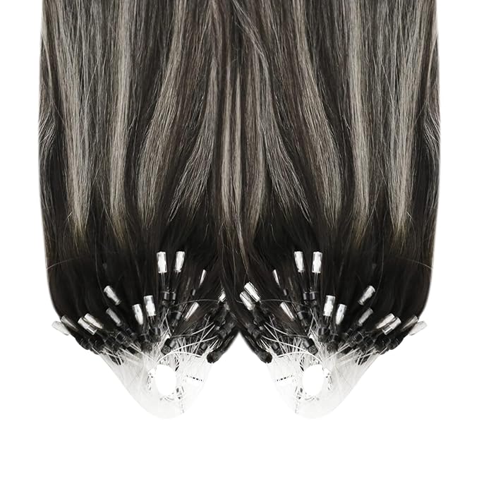 YoungSee Micro Loop Hair Extensions Real Human Hair Silver Balayage Micro Bead Hair Extensions Human Hair Black Ombre Silver Microlink Hair Extension Balayage Black 18 Inch 1g/s 50g 50s