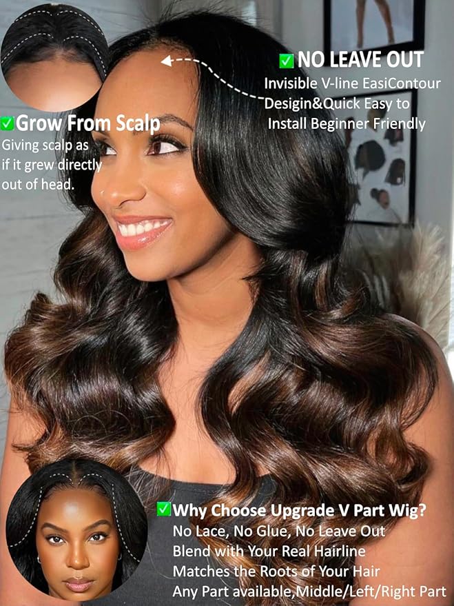 KLAIYI Ombre Brown V Part Wig Body Wave Human Hair Upgrade U Part Wig with Dark Roots Glueless Chestnut Brown Clip in Half Wig No Glue No Leave Out Beginner Wigs for Women Wear and Go Wig 150% 20Inch