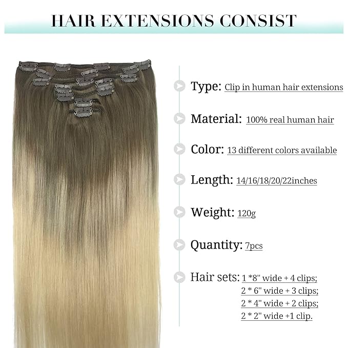 DOORES Human Hair Extensions Clip in, Ombre Ash Brown to Platinum Blonde 120g 7pcs 22 Inch, Clip in Hair Extensions Straight Natural Wedt