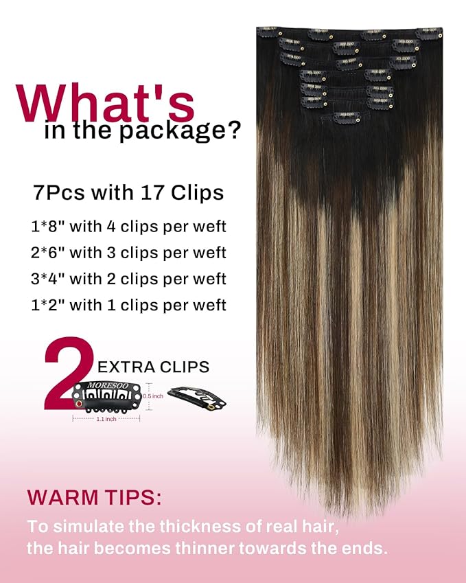 Moresoo Clip in Hair Extensions Real Human Hair Balayage Double Weft Clip in Extensions Human Hair for Long Straight Ombre Black to Brown with Caramel Blonde 7pcs 120g 24inch