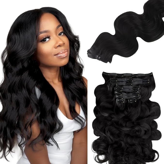 Lashey Seamless Clip in Hair Extensions Human Hair 130g 9pcs 18 Inch Body Wave #1 Jet Black Human Hair Extensions Clip ins for Women