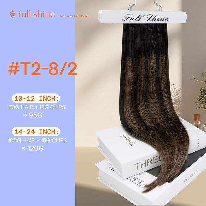 Full Shine Clip in Hair Extensions Human Hair Balayage Clip in Extensions Dark Brown to Chestnut Brown Double Weft Human Hair Extensions for Women 14 Inch 7 Pcs 120 G
