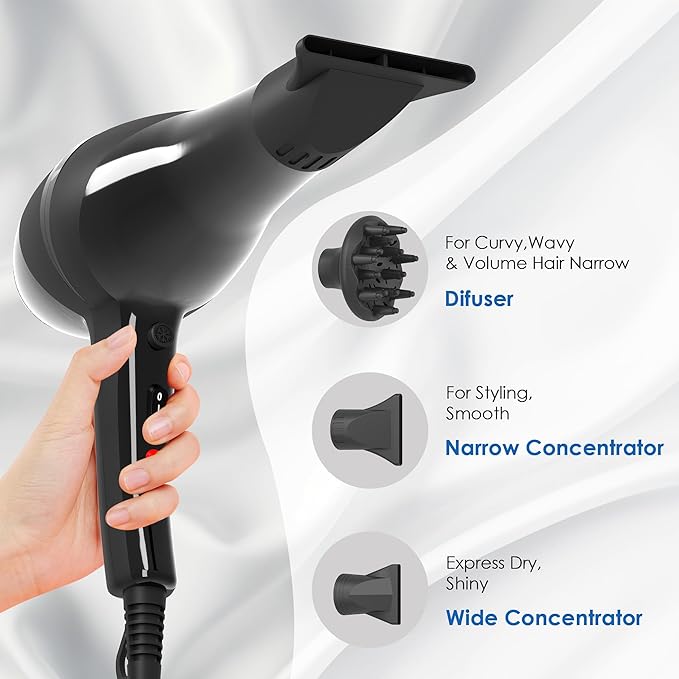Hair Dryer, Professional Ionic Blow Dryer with Diffuser for Curly Hair,2400W Powerful Fast Drying Hairdryer Blowdryer for Women Men Home Salon Hair Styling,Constant Temp Low Noise