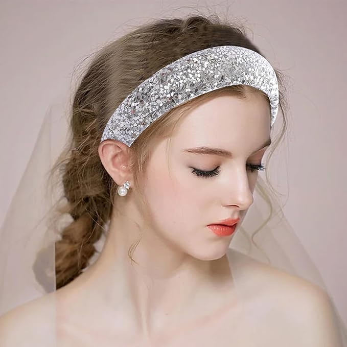 Sliver Sparkle Headband for Women Fashion Wide Headband Glitter Sequin Headbands Comfortable High Elastic Head Band Hair Hoop Hair Accessories for Womens