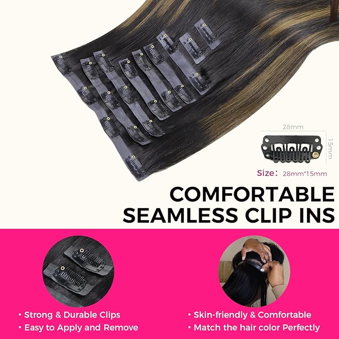 Lashey Seamless Clip in Hair Extensions Human Hair 150g 9pcs Straight Natural Black Mixed Chestnut Brown 22 Inch Human Hair Clip in Extensions