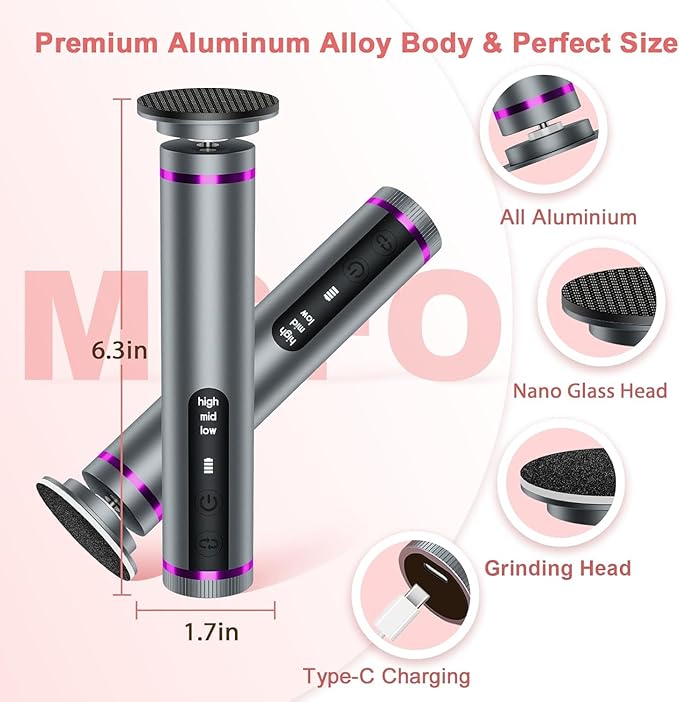 Electric Callus Remover for Feet, 3 Speeds Electric Foot Callus Remover with Powerful Brushless Motor, 2600mAh Runs for 7Hours, Washable Nano Glass Head, 60 Pcs Sandpaper Discs, Gift for Women & Men