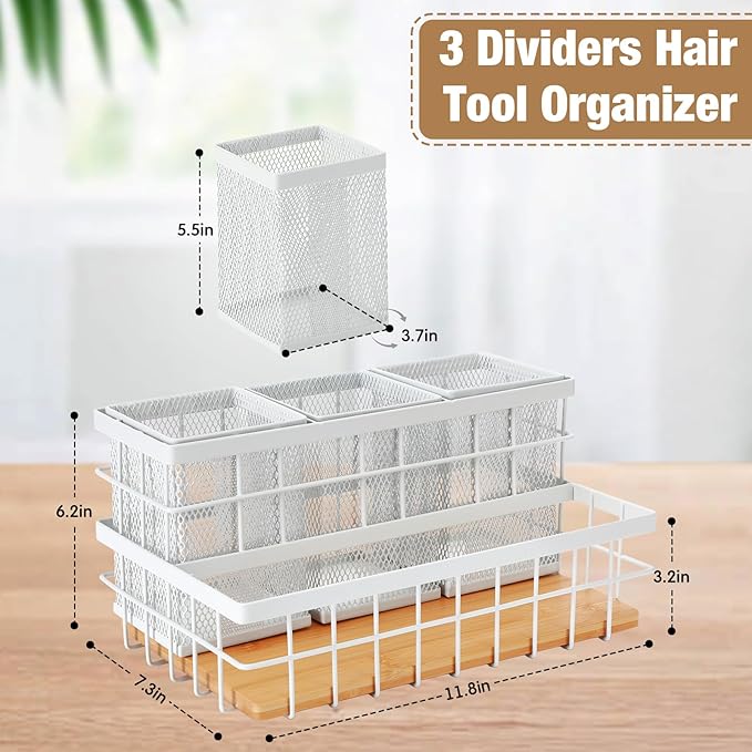 1 Pcs Hair Tool Organizer Countertop Breathable Metal & Bamboo Hot Tools Organizer Under Sink Bathroom Hair Dryer Holder Countertop Brush Comb Holder,makeup tray (Natural Bamboo,White)
