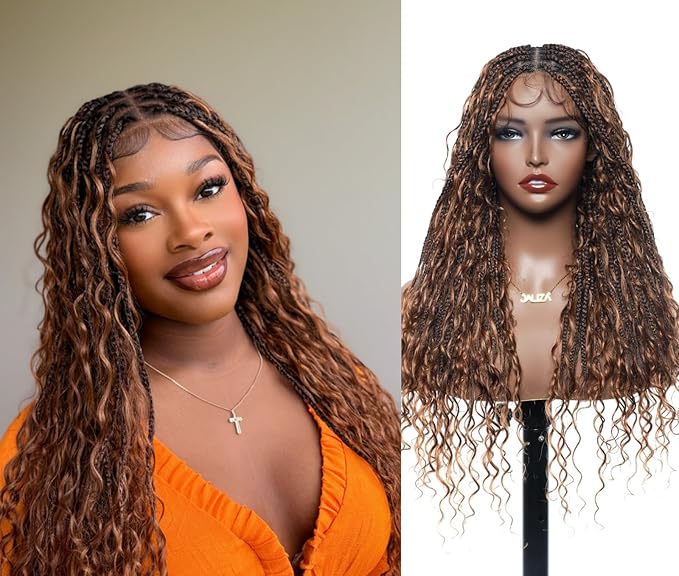 Human Hair Boho Curls Hand-Tied HD Full Lace Wig - 24" Salon-Level Small Box Synthetic Braids (100 Braids, High Density) Pre-Cut Swiss HD Lace, Pre-Plucked, Knotless - 1B/30 Ombre Brown