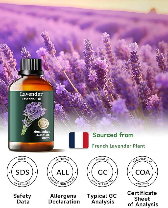 Pure Lavender Essential Oil, Mumianhua Natural Lavender Oil for Bedroom Tranquility & Outdoor Freshness, Aromatherapy for Evening Wind-Down, Laundry, Skin & Hair Care,Candle Making 3.38 Fl Oz