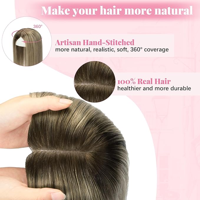 Hair Toppers for Women Real Human Hair 360°3D Cover Toppers Pieces for Women with Thinning 16inch 75g Dark Brown To Chestnut Brown Highlight Ash Blonde 6x7inch (#2/6/18Toppers-16inch)