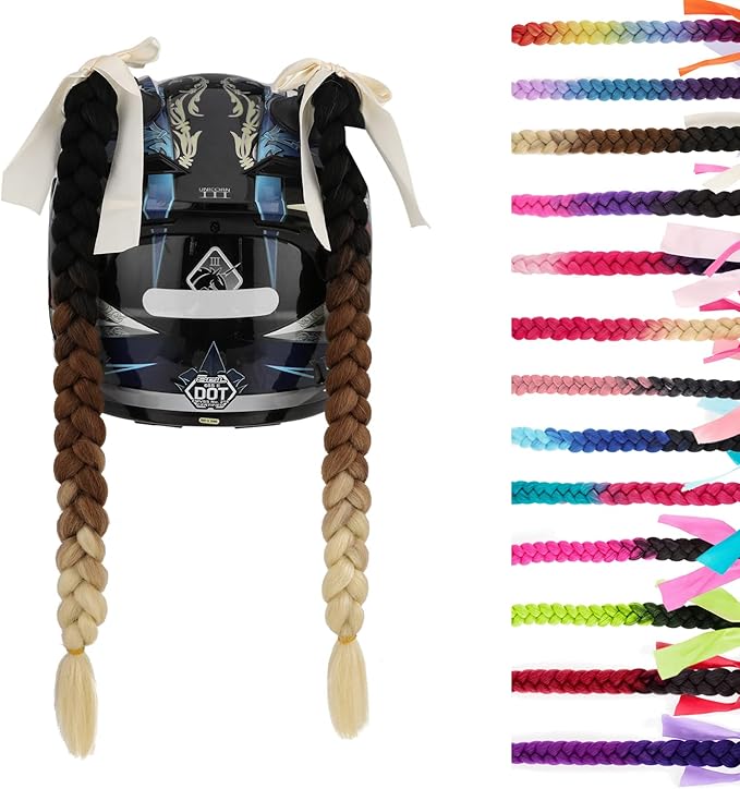 SEGO 1PCS/2PCS Helmet Pigtail Braids with Detachable Suction Cup Bowknot Ponytail Hair Many Colors (Helmet not Included)