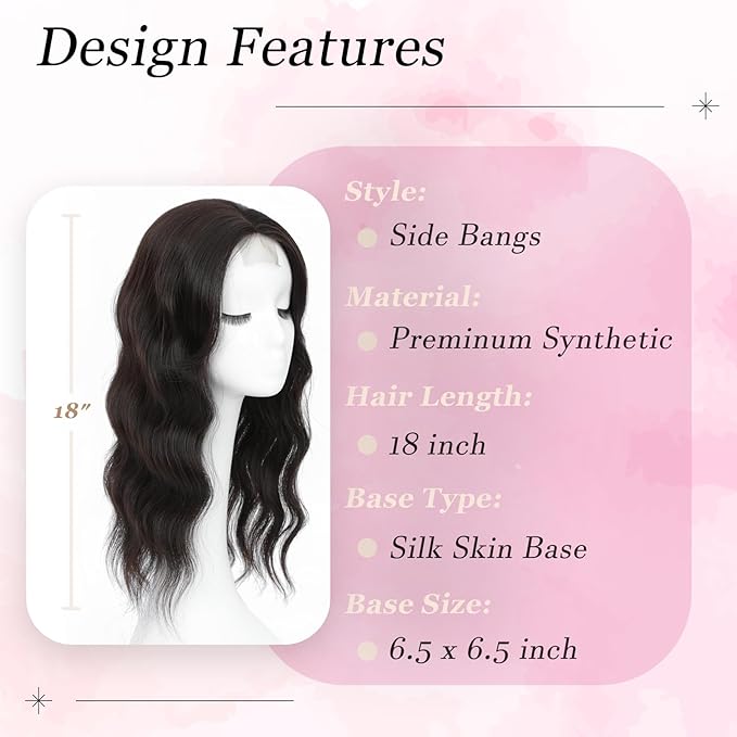 Hair Topper, 360° 3D Hair Toppers for Women with Thinning Crown, 18 Inch Long Wavy Curly Hair Pieces Clip in Bangs (Brown Black, 18 inch, Side Bangs)