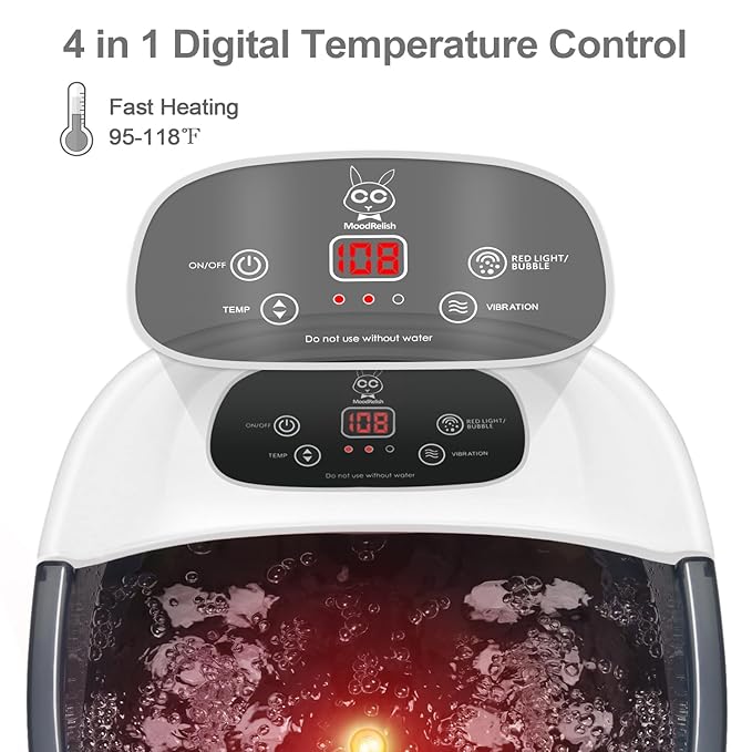 Foot Spa Bath Massager with Heat Bubbles and Vibration Massage and Jets, 16 OZ Calming Lavender Foot Soak Epsom Salt, Foot Soaker with Red Light, 22 Massage Rollers, Adjustable Temp - Grey