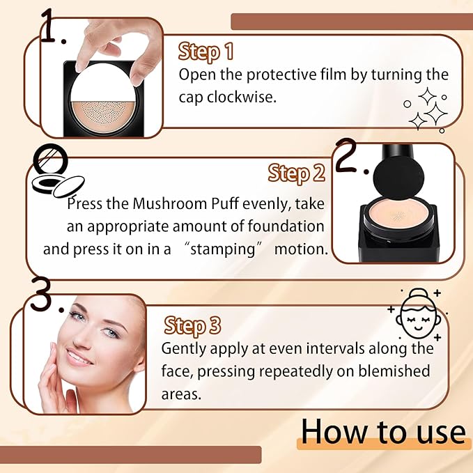 Mushroom Head Air Cushion CC Cream Foundation Makeup,Moisturizing Non-Greasy BB Cream Foundation,Long Lasting Matte Concealer Full Coverage Face Makeup Liquid Foundation for All Skin Types(Ivory)