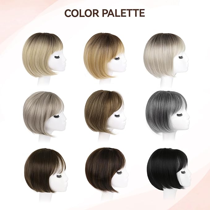 LEEONS Hair Toppers for Women with Bangs Short Bob Synthetic Pieces for Thinning Hair Side Part (Brown with Highlights)