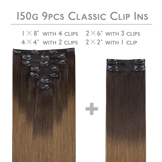 WENNALIFE Clip in Hair Extensions Real Human Hair, 18 Inch 150g 9pcs Remy Hair, Ombre Dark Brown to Light Chestnut Brown Straight Natural Extensiones De Cabello Humano Con Clip Ins