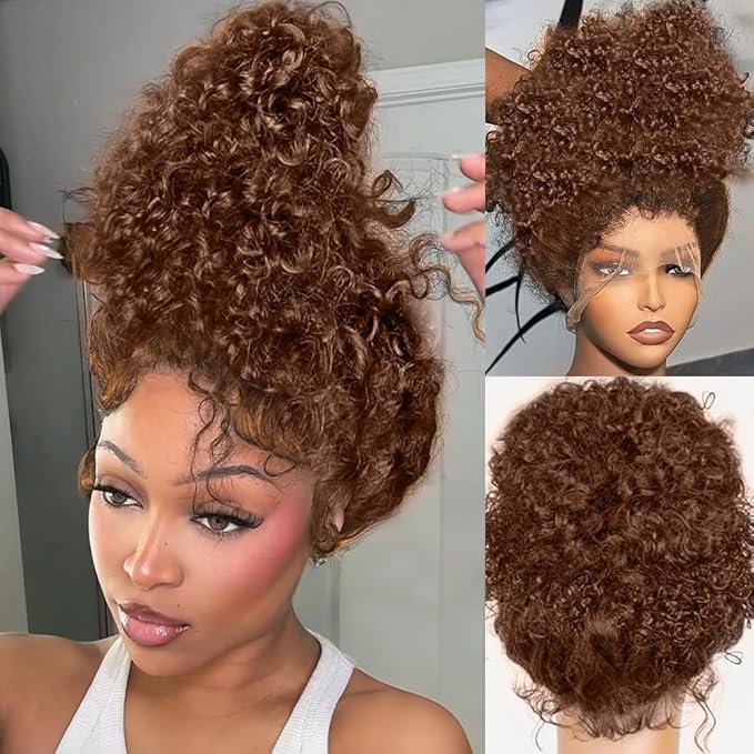 250% Density Curly Human Hair wig 13x6 Auburn Brown Mongolian Deep Transparent Lace Front Wigs for Women With Baby Hair Chocolate Curly Lace Front Wig 24 Inch
