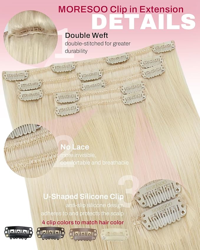 Moresoo Blonde Clip in Hair Extensions Human Hair Blonde Hair Extensions Clip ins Short Real Human Hair for Women Golden Platinum Blond Double Weft 80g/5pcs 14 inch
