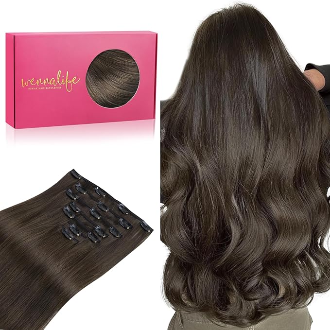 WENNALIFE Clip in Hair Extensions Real Human Hair, 14 Inch 120g 7pcs Human Hair Extensions Clip In Human Hair, Cool Dark Brown Clip In Real Hair Coloured Remy Human
