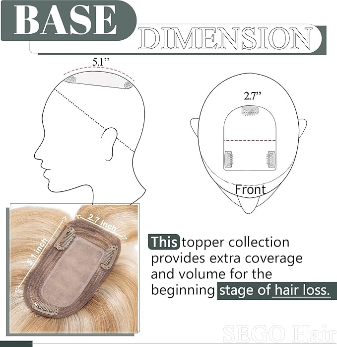 SEGO Hair Toppers for Women Real Human Hair with Front Bangs, Clip in Toppers with Thinning Hair 150% Density Silk Base -12 Inch #12/613 Golden Brown Mix Bleach Blonde