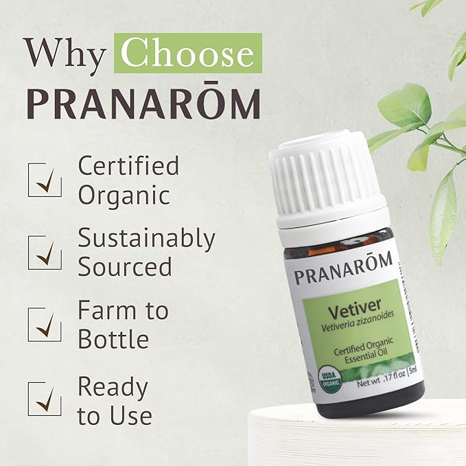 Pranarom USDA Certified Organic Vetiver Essential Oil (5ml), 100% Pure Undiluted Therapeutic Grade from Haiti & Madagascar for Aromatherapy, Diffuser, Calming, Relaxation, DIY, Massage Oil