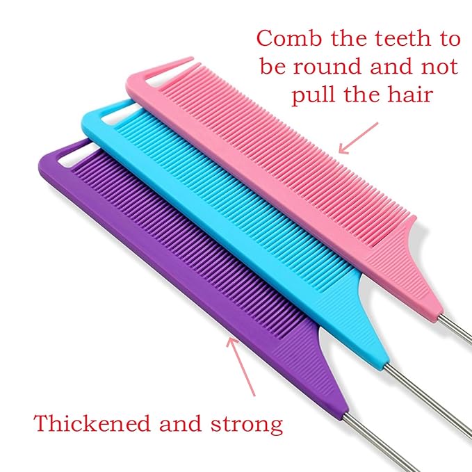 8pcs Rat Tail Combs Set,Long Steel Pin Teasing Combs for Salon Hair Stylists,2 styles and multiple colorsb of Metal Parting Combs for Women,Hair Teasing Fine Tooth Comb Aigee