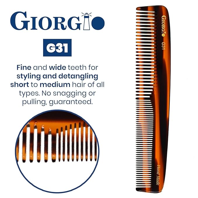 Giorgio G31 Fine Tooth and Wide Tooth Hair Comb, Styling Comb, Grooming Hair Combs for Women, Mens Beard Care Combs for Detangling and Styling - Handmade Saw-Cut and Hand Polished (TortoiseShell)