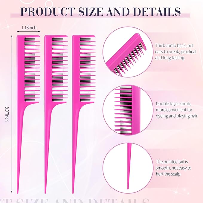 Leinuosen 3 Pcs Triple Teasing Comb for Women Plastic Rat Tail Comb Heat Resistant Pintail Tease Layer Tool for Thick Fine Hair Styling Backcombing Volume Structure(Pink)
