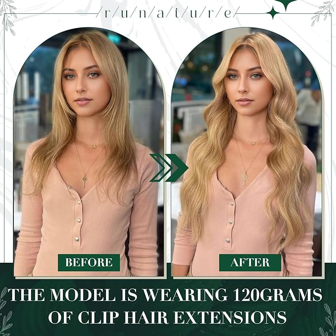 RUNATURE Real Human Hair Clip in Extensions Blonde, 14 Inch Clip in Hair Extensions Human Hair, Remy Hair Extensions Clip Ins, Easy to Maintain, 50g 3pcs #16P24 Golden Blonde Highlight