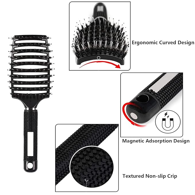 2pack Boar Bristle Hair Brush No Pull Curved Vented Hair Brushes Detangler Brush Fast Blow Drying Hair Brush for Kids Men Women Wet Dry Long Thin Thick Curly Tangled Hair (red+black)