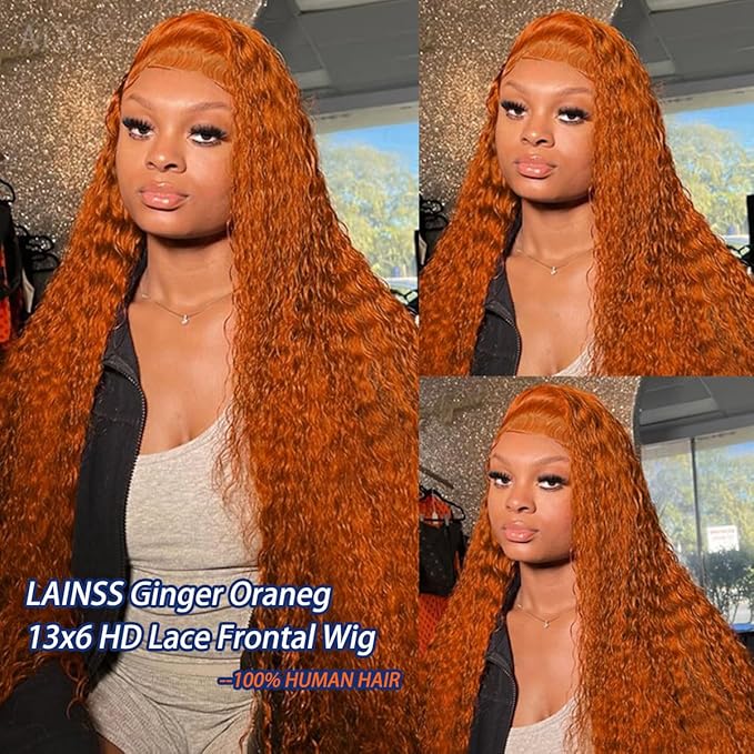 13x6 Ginger Lace Front Wig Human Hair 350# Deep Wave Lace Front Wigs for Black Women Orange Ginger Wig Human Hair Pre Plucked with Natural Hairline 210% Density 18Inch