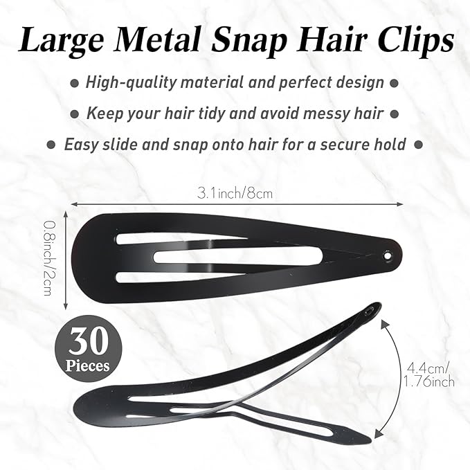 WILLBOND 30 Pieces 3.1 Inch Large Metal Snap Hair Clips Nonslip Barrettes Women Hair Accessories(Black)