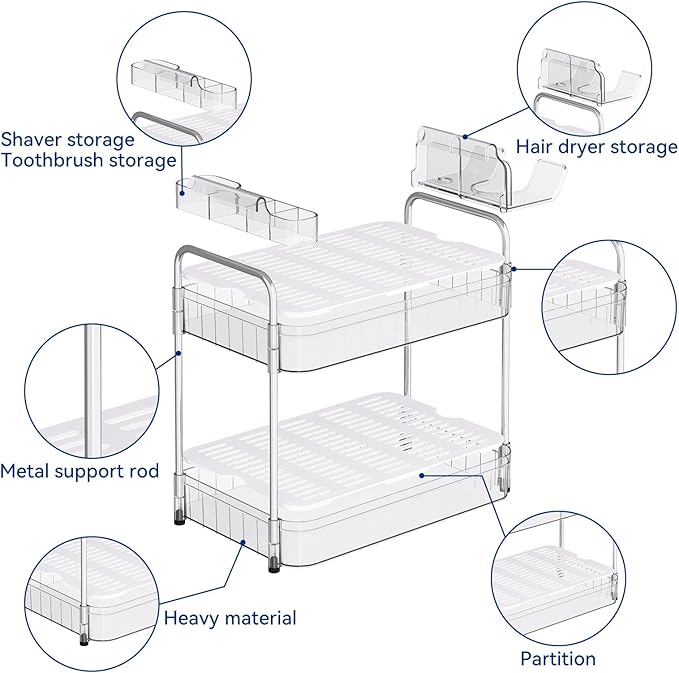 Bathroom Countertop Organizer,Makeup Counter Organizer With Hair Dryer Holder,Compatible with Dyson Blow Dryer,Electric Toothbrush And Toothpaste Holder,2-Tier Detachable Design,Transparent