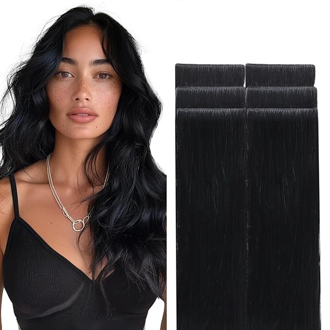 GOO GOO Invisi Edge Tape in Hair Extensions Human Hair, 1 Jet black, 6pcs 24inch 18g, Virgin Remy Hair, Seamless Injected Tape, Natural Look