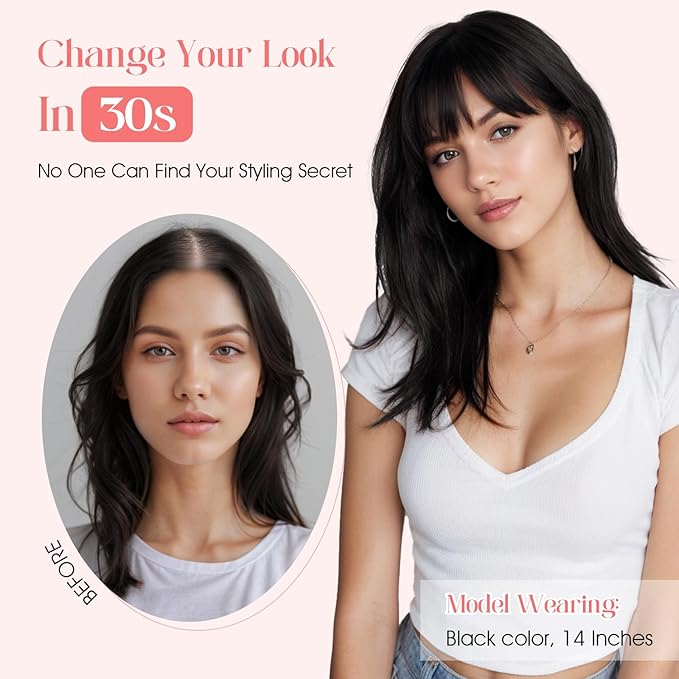 Hairro Mono Hair Toppers with Bangs, 3.4" x 3.4" Mono Base 100% Real Human Hairpieces for Women, 150% Density Clips In Topper for Greyish Thinning Hair, 12 Inch Jet Black